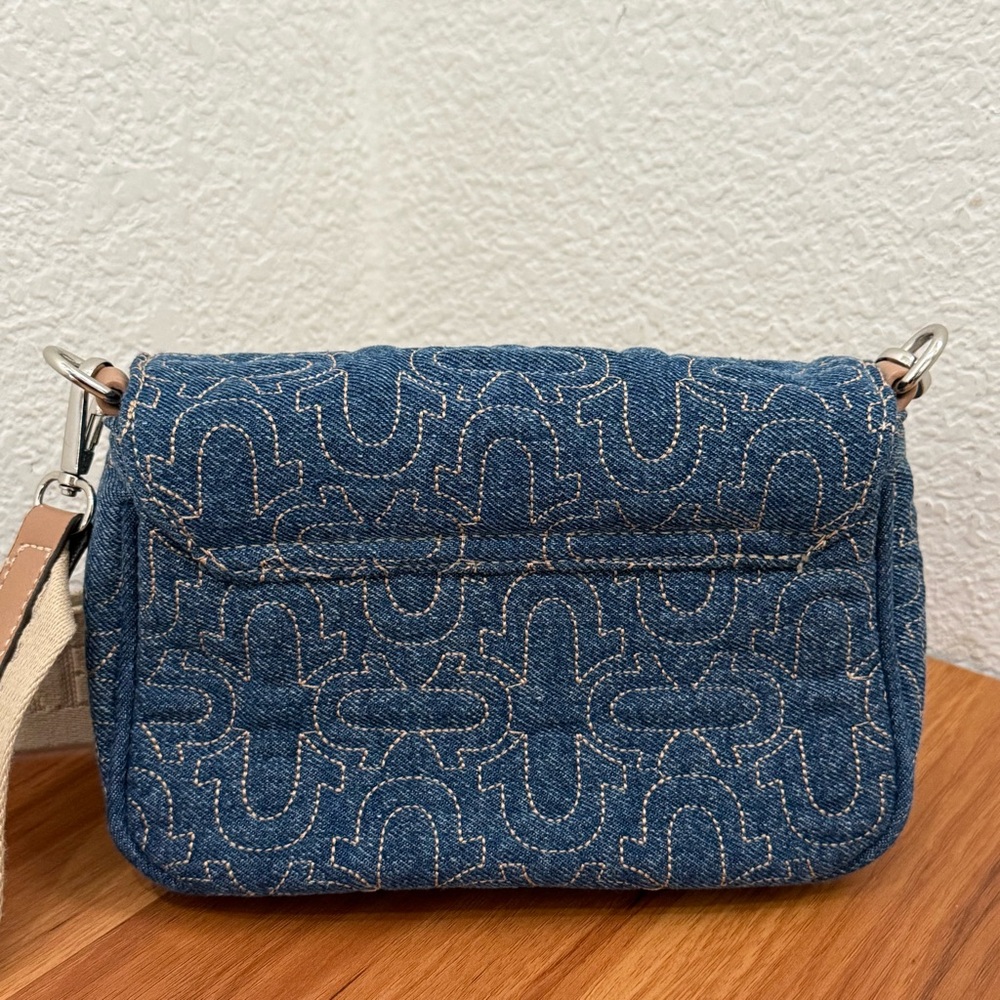 TRUE RELIGION Denim Quilted Horseshoe Wide Strap Coin Purse Flap Crossbody Bag - Picture 4 of 16